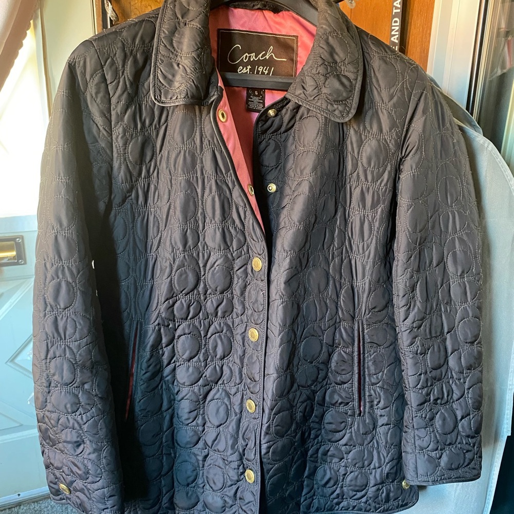 Coach Black Quilted Utility Jacket w/Brass Hardware, Pink Lining Sz Small EUC